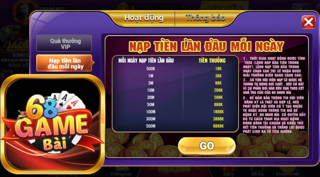 68 game bài thưởng nạp đầu mỗi ngày